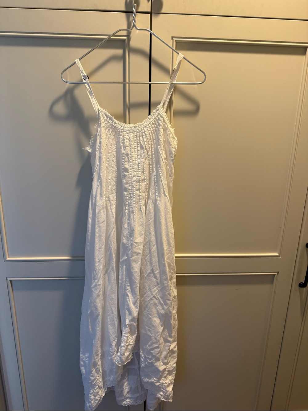 Love Stitch White Cotton Slip Dress with Pintuck & Lace Trim